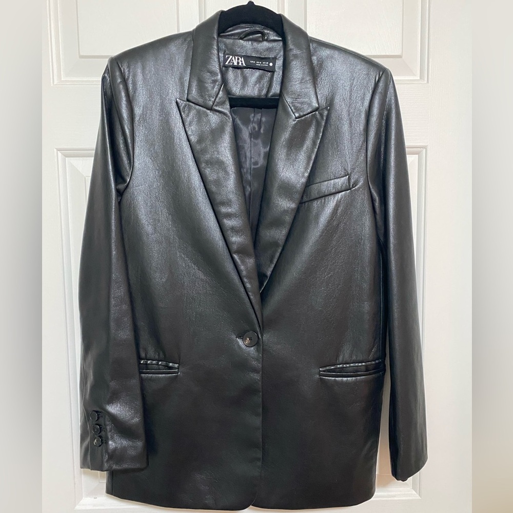 Zara Black Faux Leather Women's Blazer Size Small